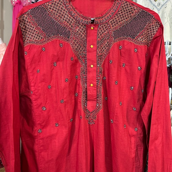 Vintage Red Tunic with Black Embroidery & Orange Buttons Size 44 - Picture 2 of 6